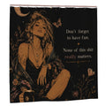 Boho style shower curtain featuring a mystical woman with celestial text and moon motifs.