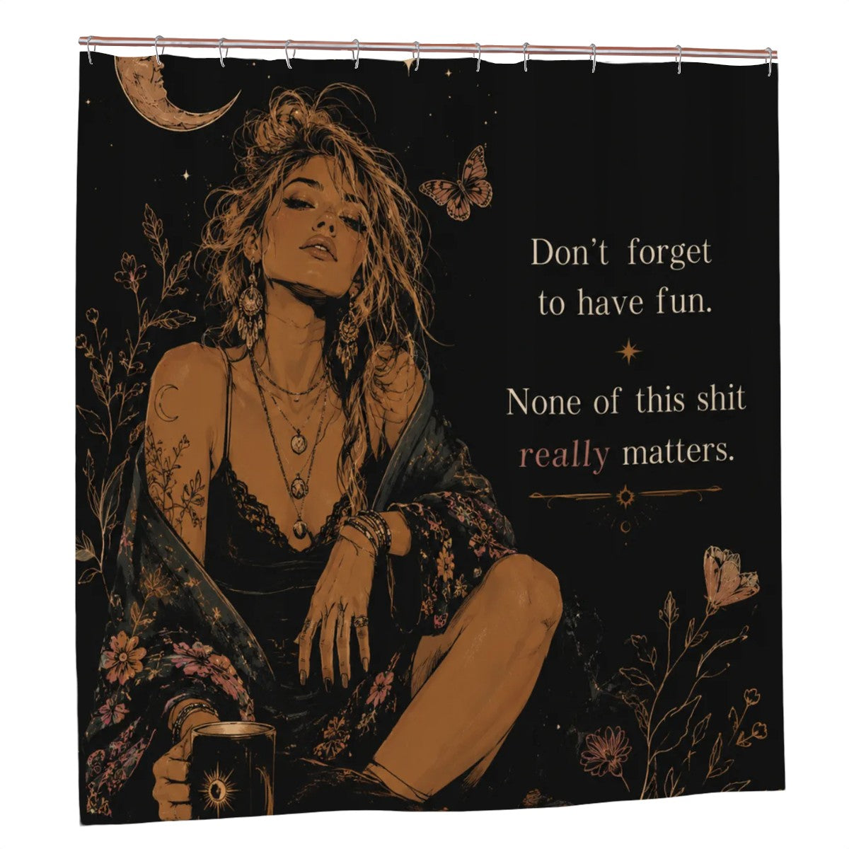 Boho style shower curtain featuring a mystical woman with celestial text and moon motifs.