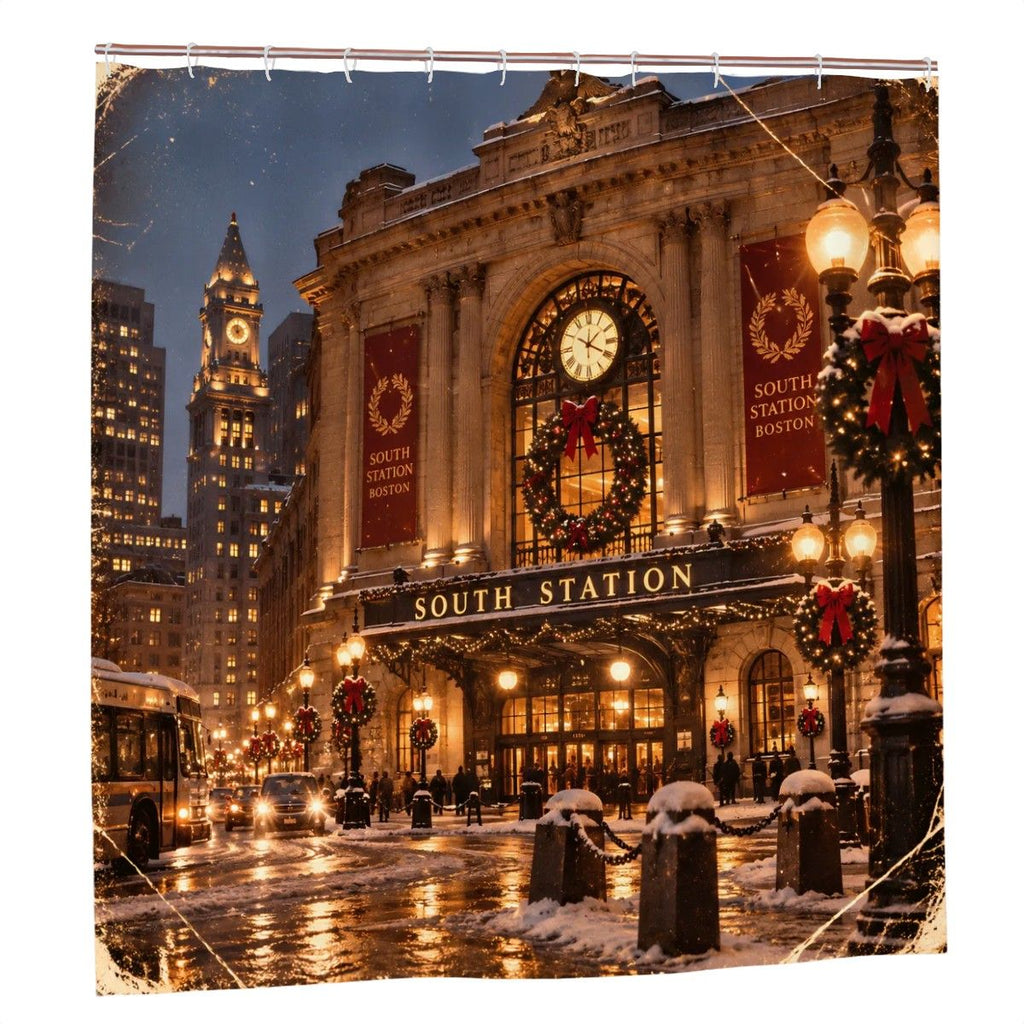 Boston South Station Christmas Shower Curtain | Winter Holiday Scene