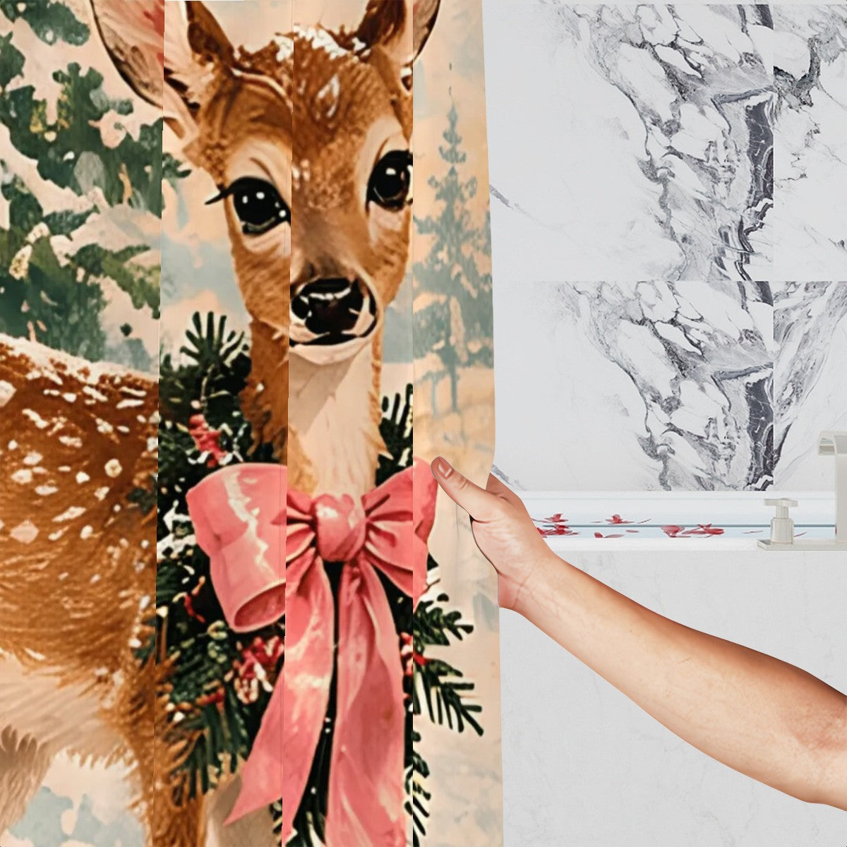 Woodland Deer Christmas Shower Curtain | Fawn with Pink Bow