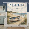 Sandy Beach bathroom decor shower curtain with coastal beach scene, vibrant colors, and waterproof fabric for a stylish bathroom look.