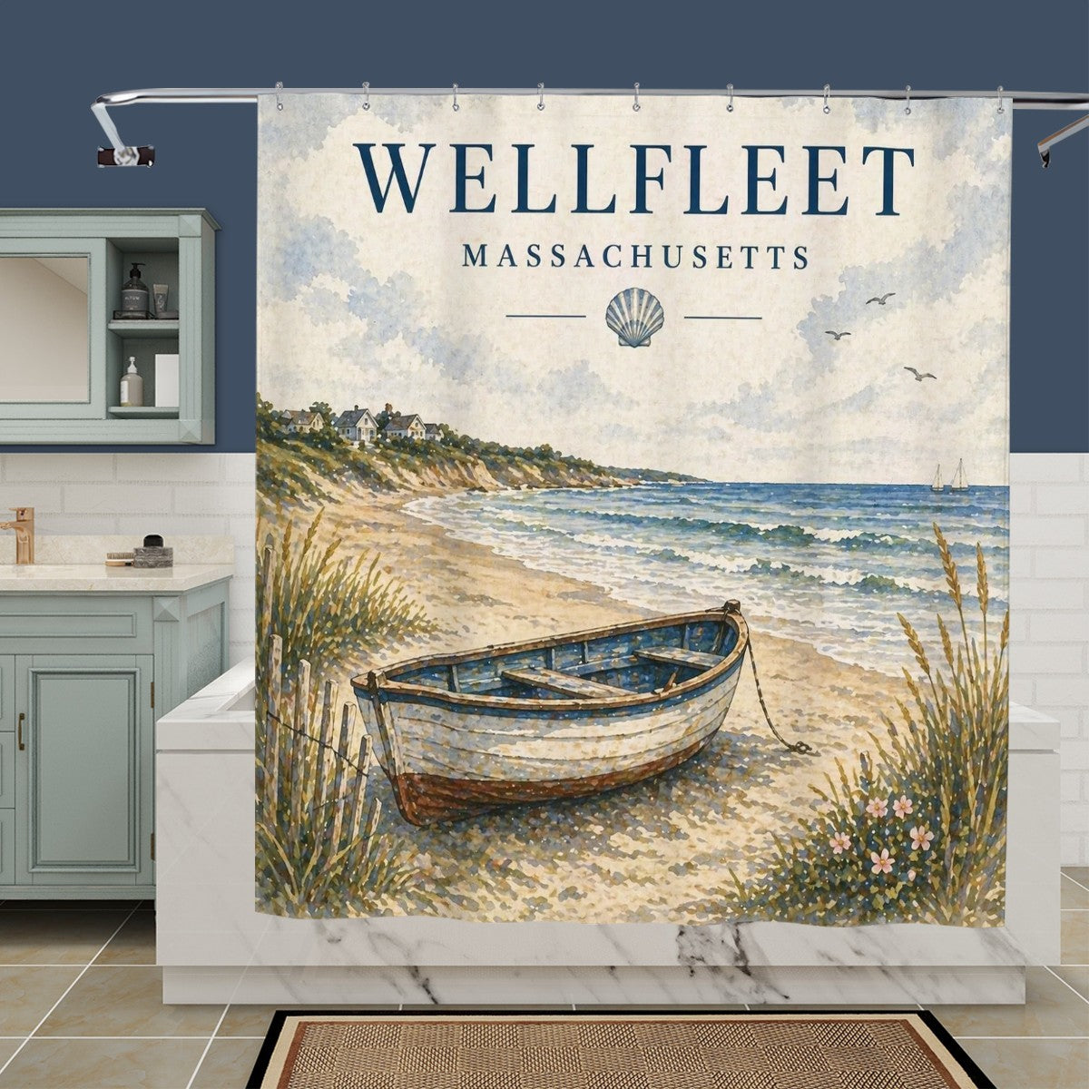 Sandy Beach bathroom decor shower curtain with coastal beach scene, vibrant colors, and waterproof fabric for a stylish bathroom look.
