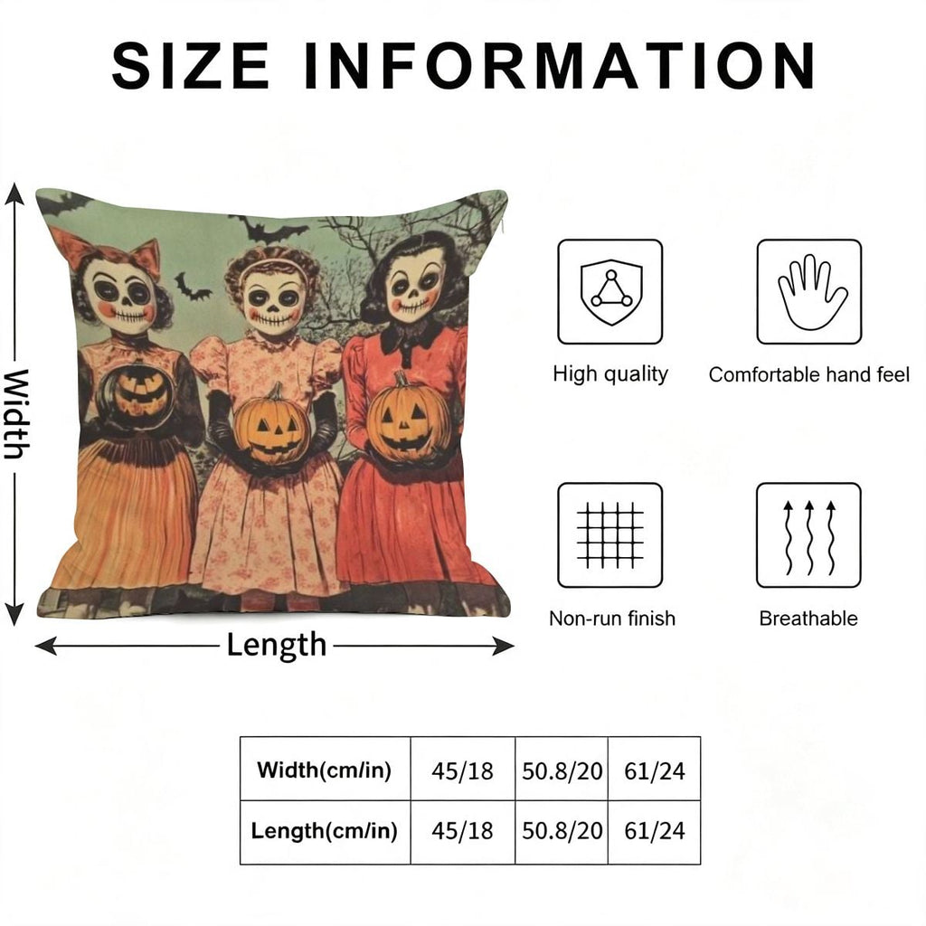 Size chart for Halloween decorative pillow featuring three vintage skeleton girls with pumpkins.