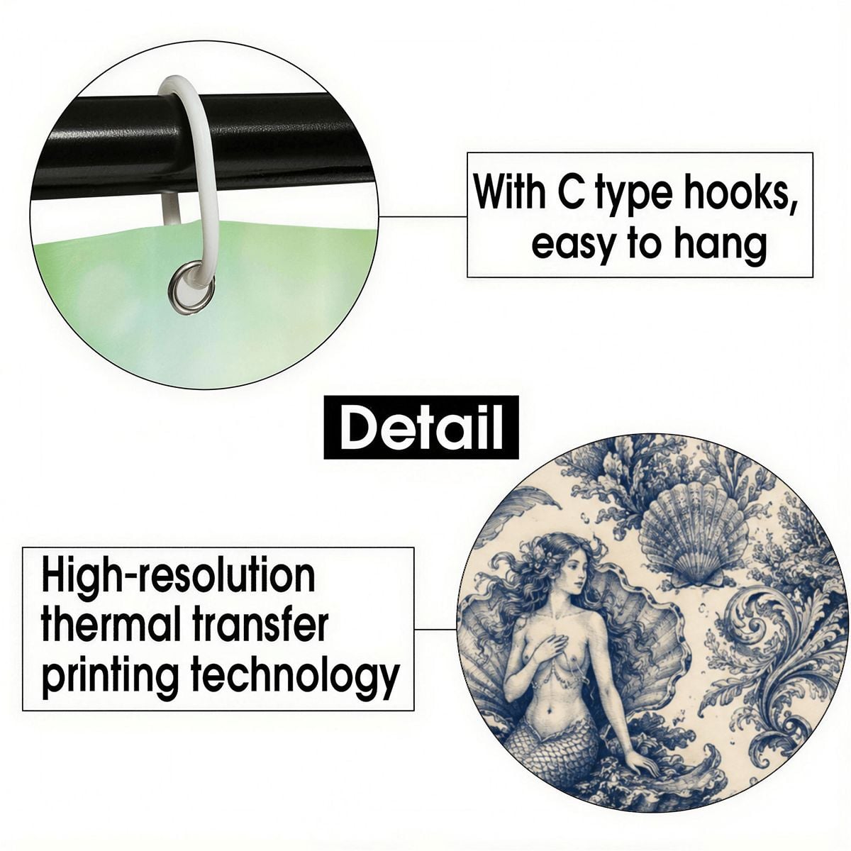 Close-up of C-type shower curtain hooks and high-resolution mermaid print detail.