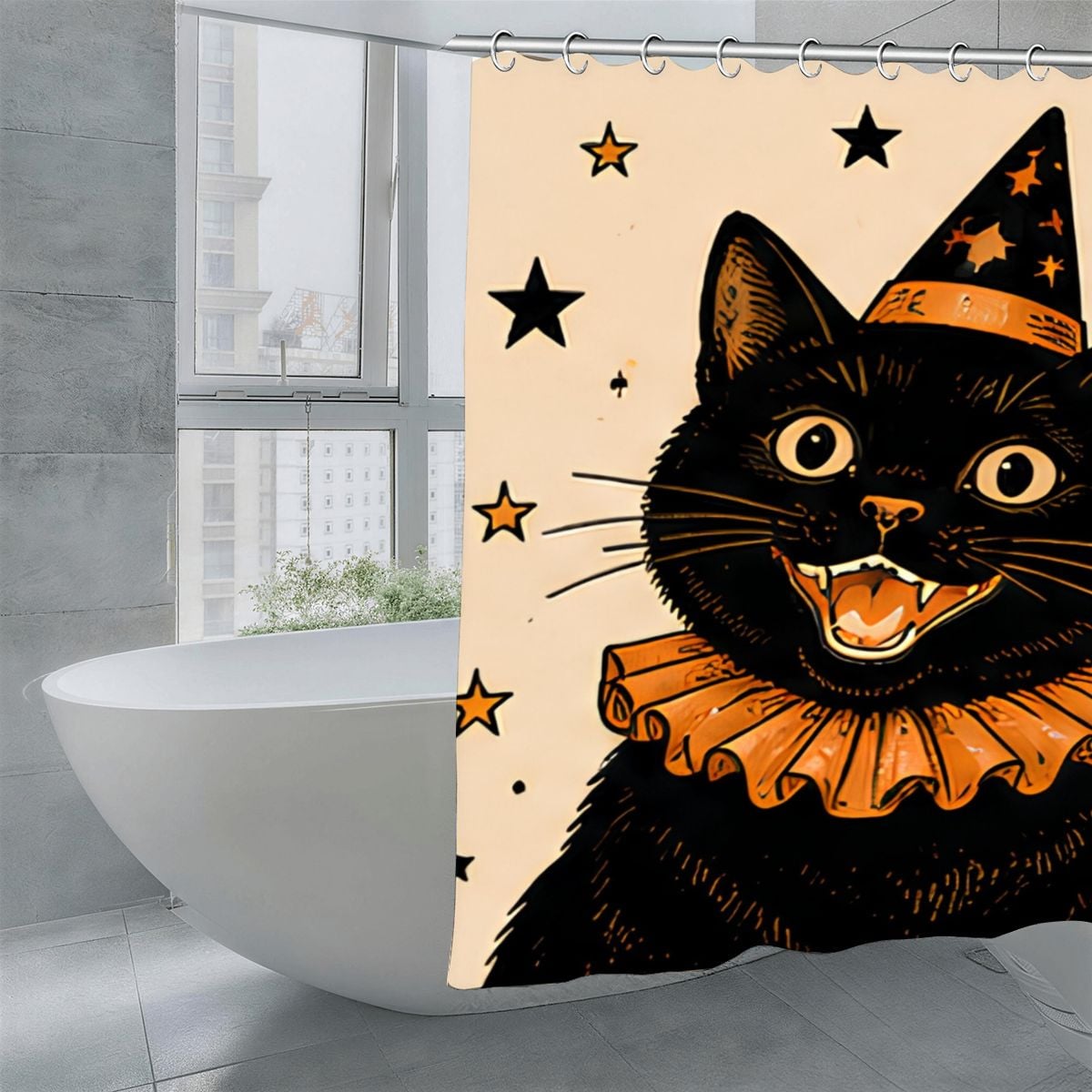 Spooky black cat with a witch hat and orange ruffle on a decorative shower curtain.