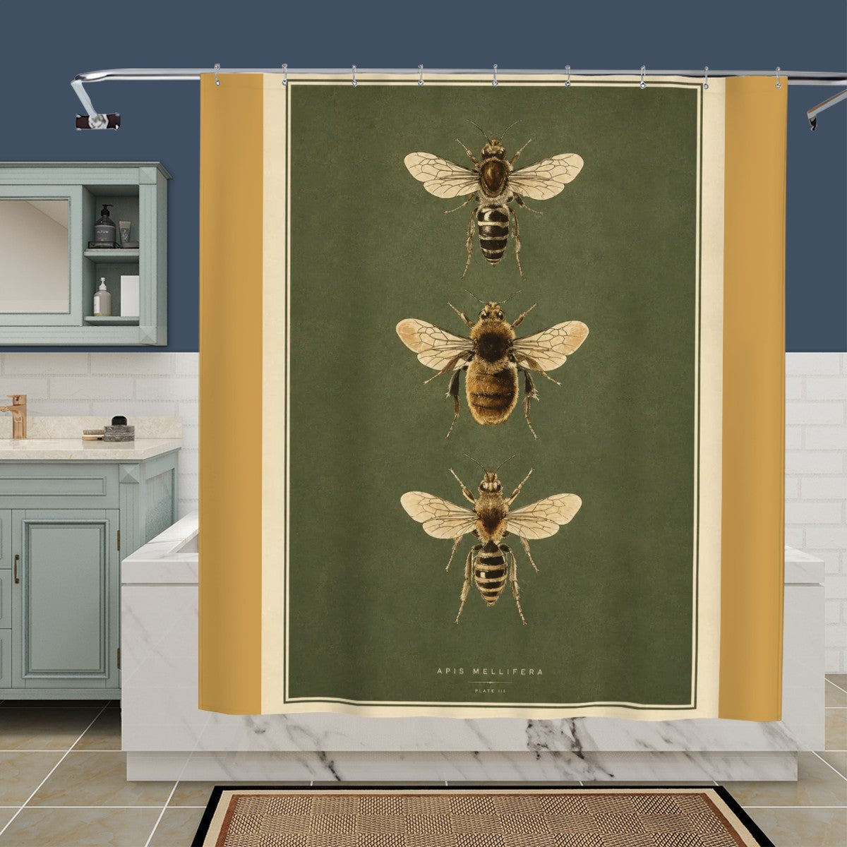 Vintage botanical shower curtain featuring three honey bee illustrations on an olive green background
