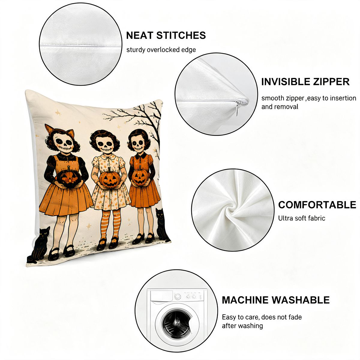 Halloween decorative pillow featuring three skeleton girls in orange dresses with pumpkins.