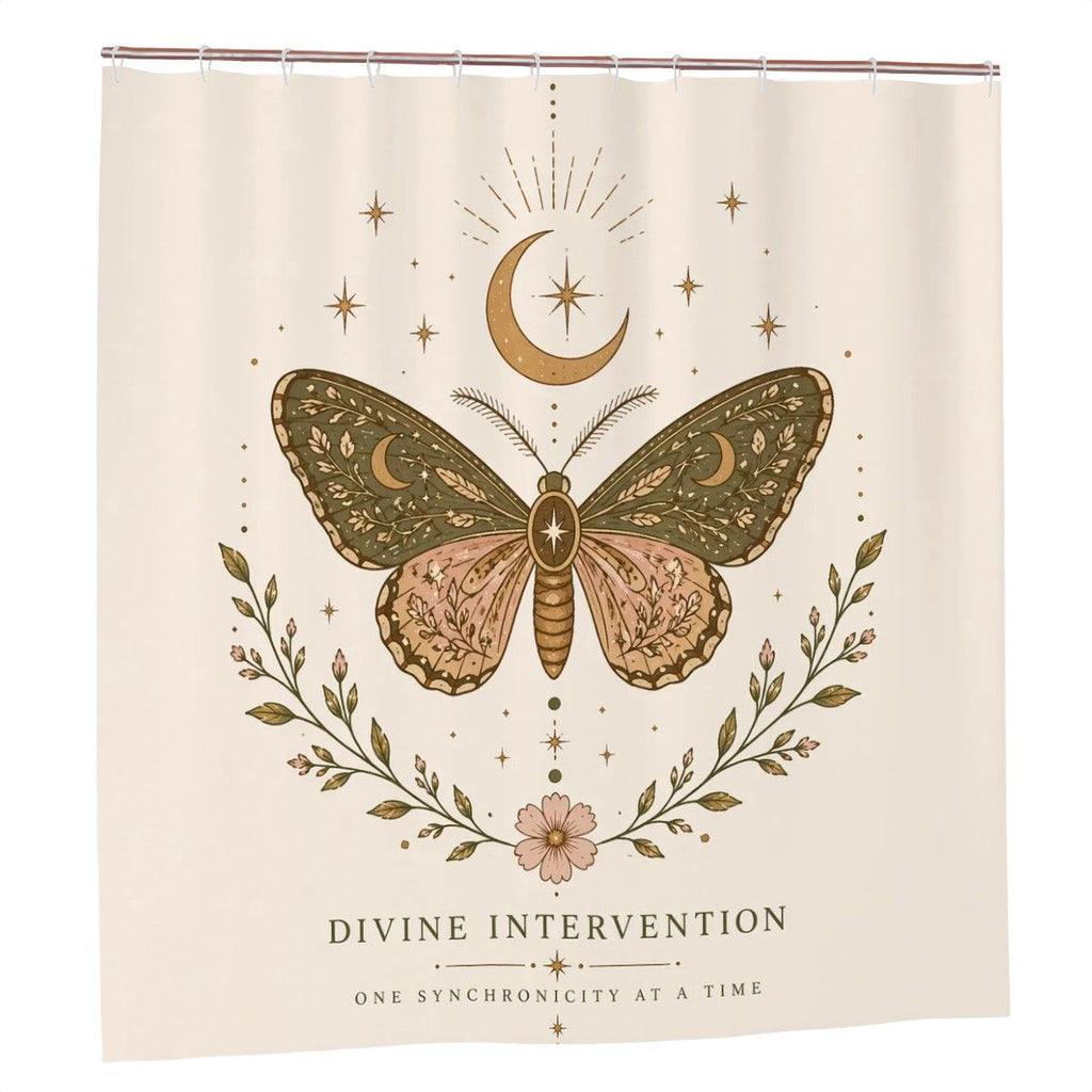 Divine Intervention Butterfly Shower Curtain by Sandy Beach featuring celestial and boho-inspired spiritual transformation decor for bathroom.