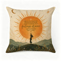 Decorative throw pillow featuring a sun illustration and inspirational peace quote.