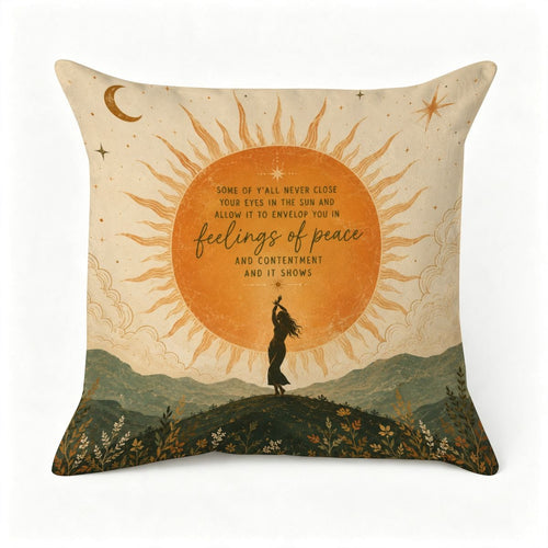 Decorative throw pillow featuring a sun illustration and inspirational peace quote.
