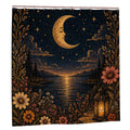 Sandy Beach bathroom decor shower curtain with ocean-themed design, hanging on a shower rod in a modern bathroom setting.