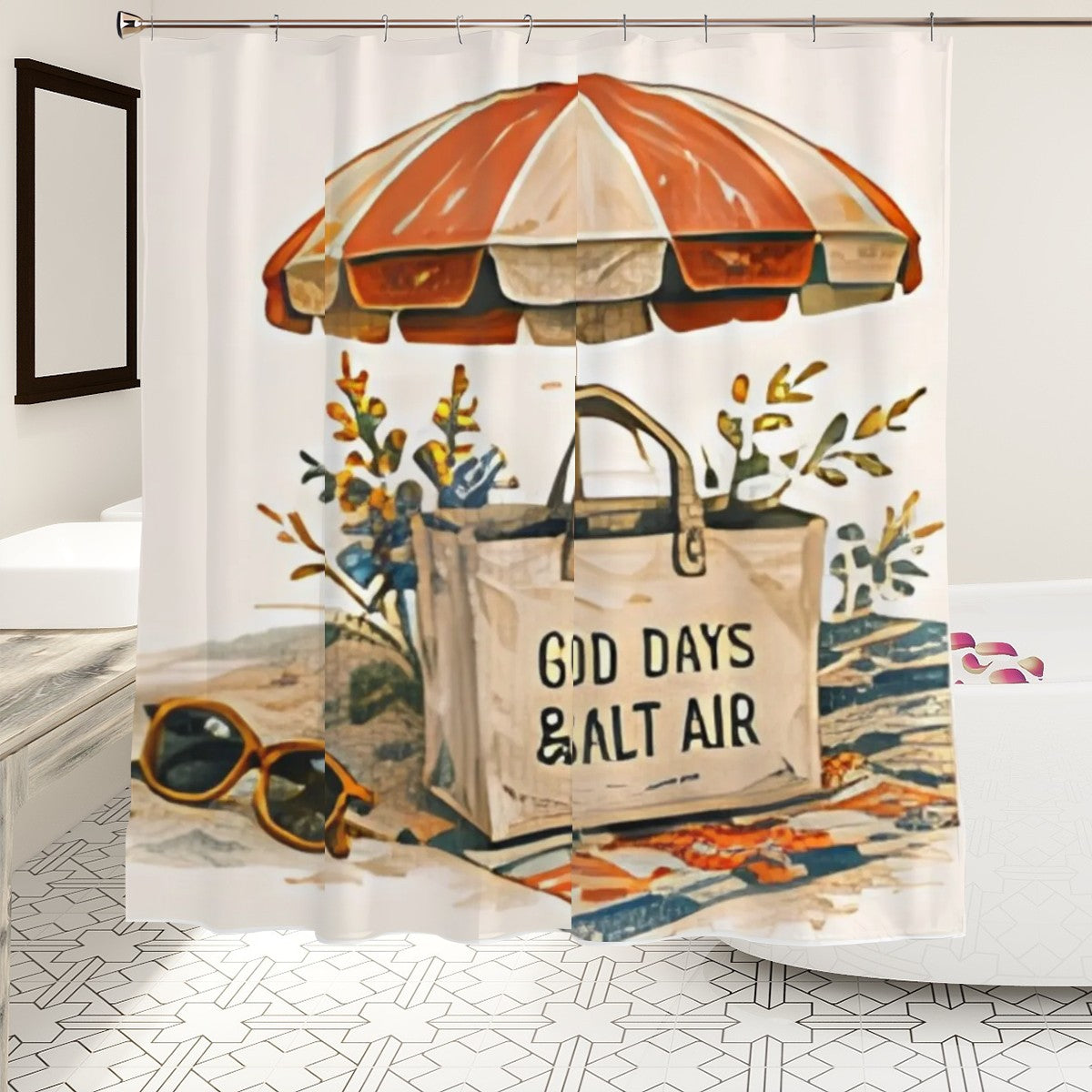 Beach themed shower curtain featuring a striped umbrella, tote bag, and sunglasses on sand.