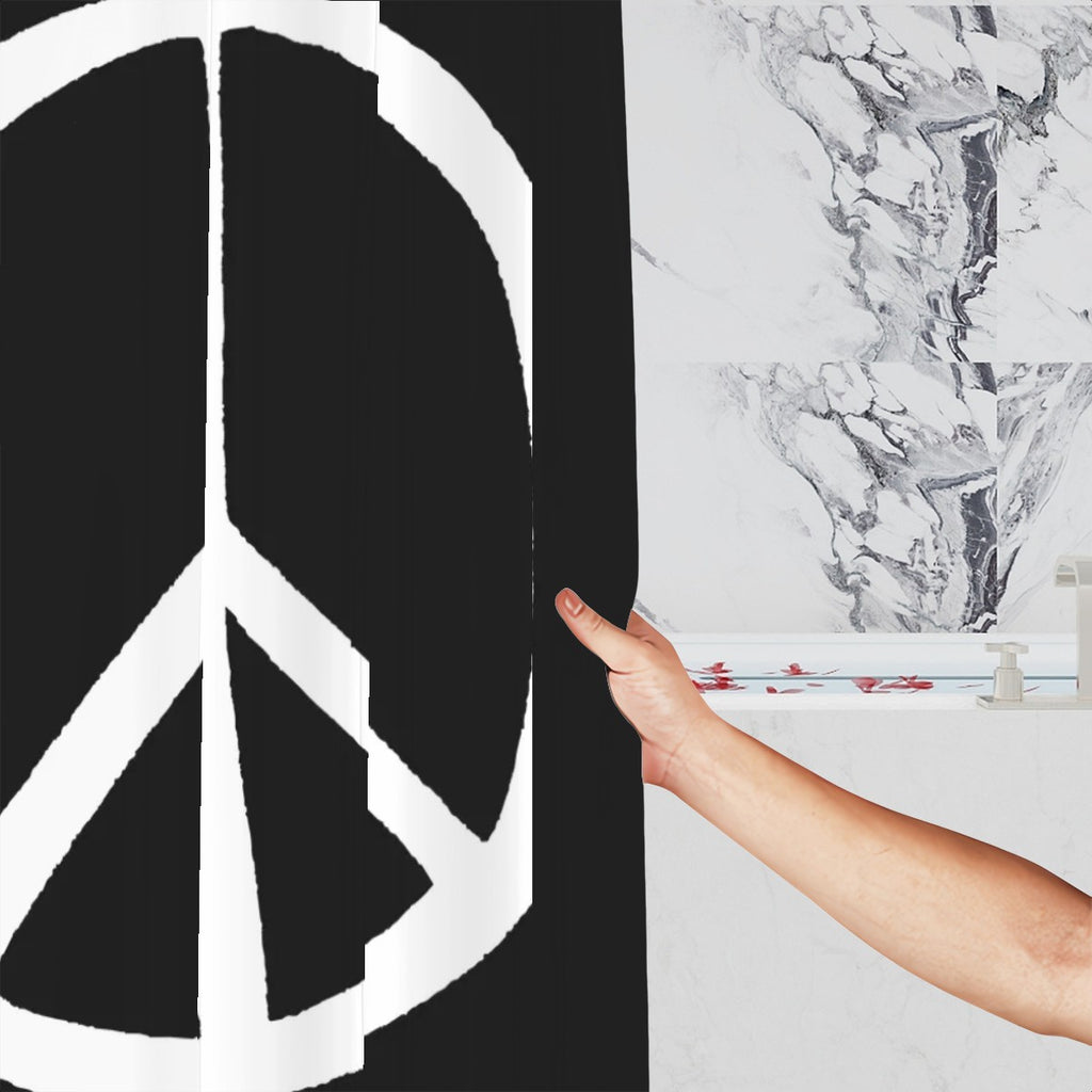White peace symbol shower curtain from Sandy Beach, bathroom decor featuring a peaceful design with white fabric and printed symbol.