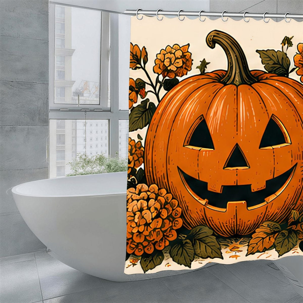 Jack-o'-lantern pumpkin shower curtain with autumn flowers in a modern bathroom.