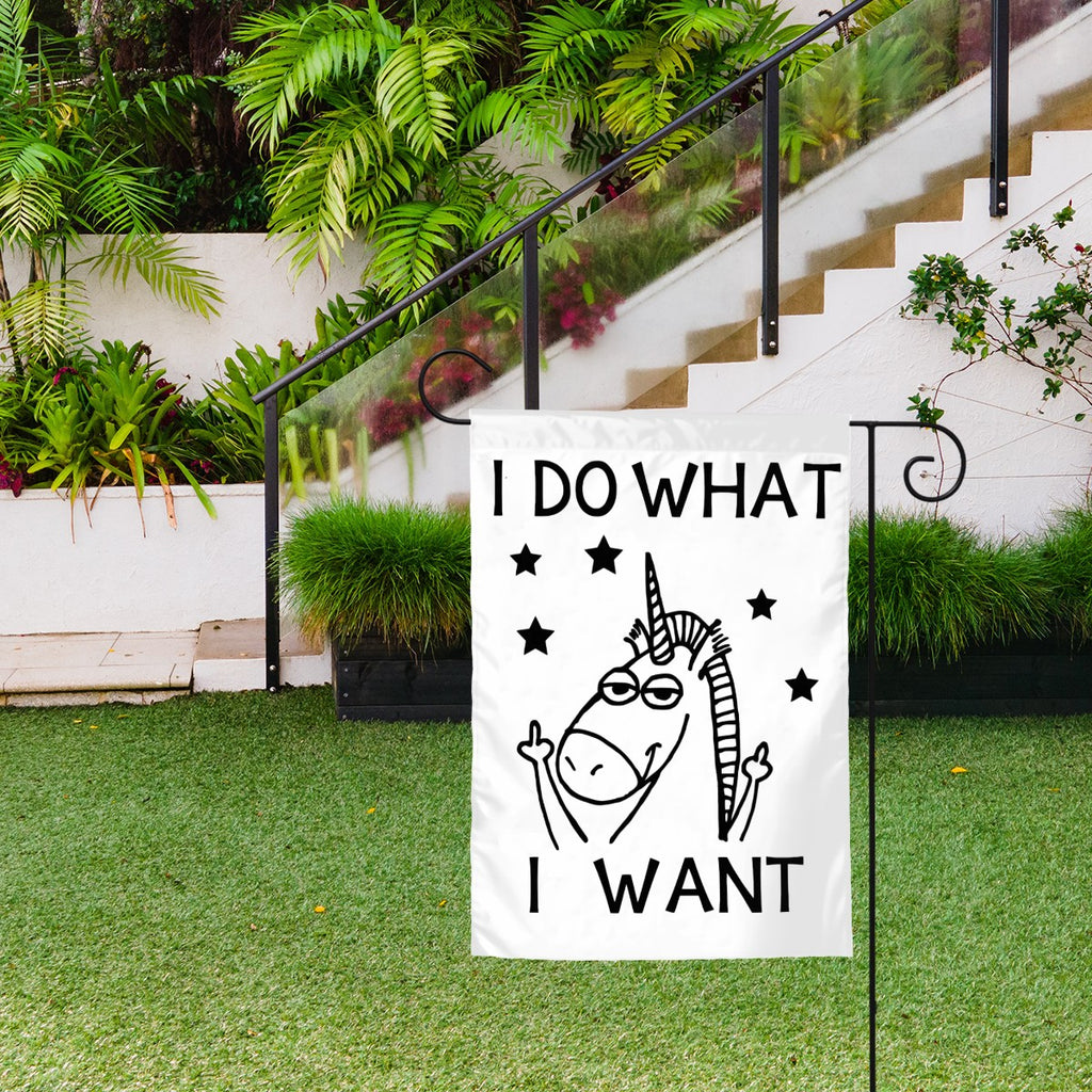 Colorful unicorn garden flag with "I Do What I Want" message, perfect for garden decor, by Sandy Beach.