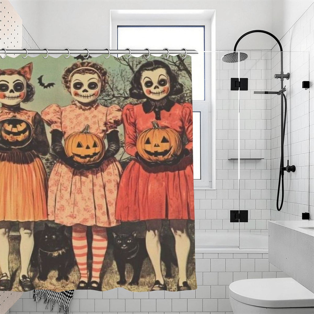 Vintage Halloween shower curtain featuring three girls in skull masks holding jack-o'-lanterns.