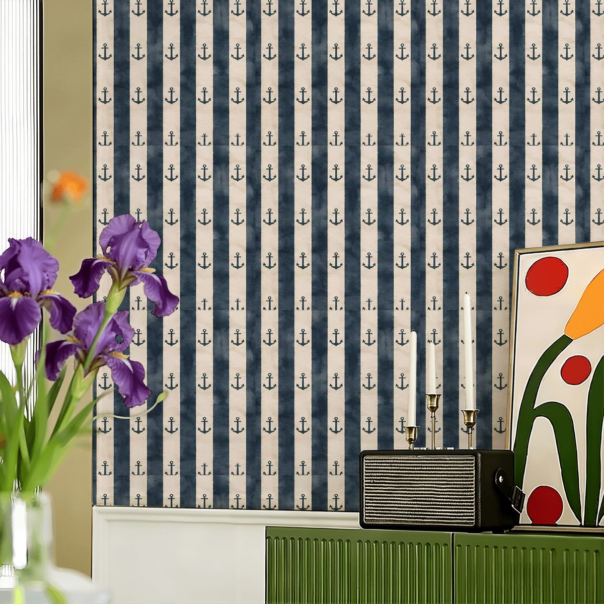 Navy blue and white striped wallpaper featuring a repeating small anchor pattern.