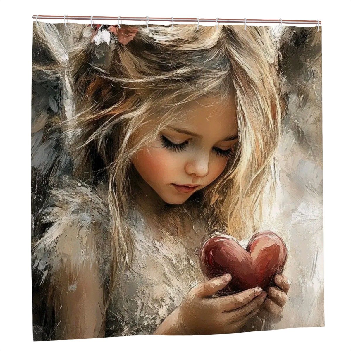 Painterly Angel Girl with Heart Shower Curtain
