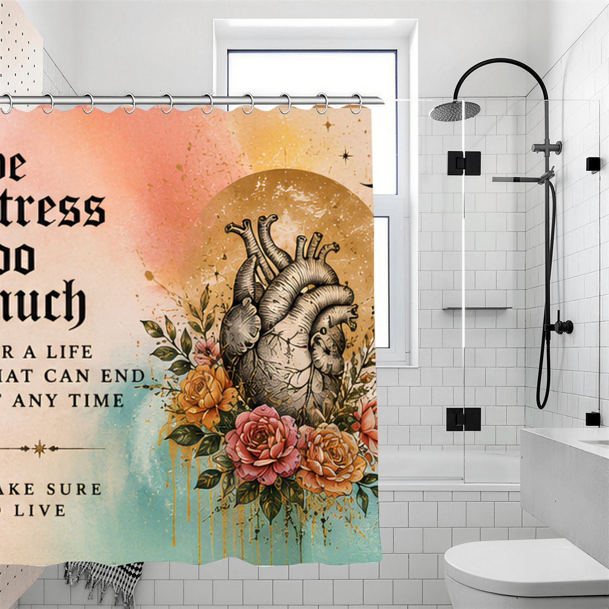 Watercolor shower curtain featuring an anatomical heart with roses and inspirational text.