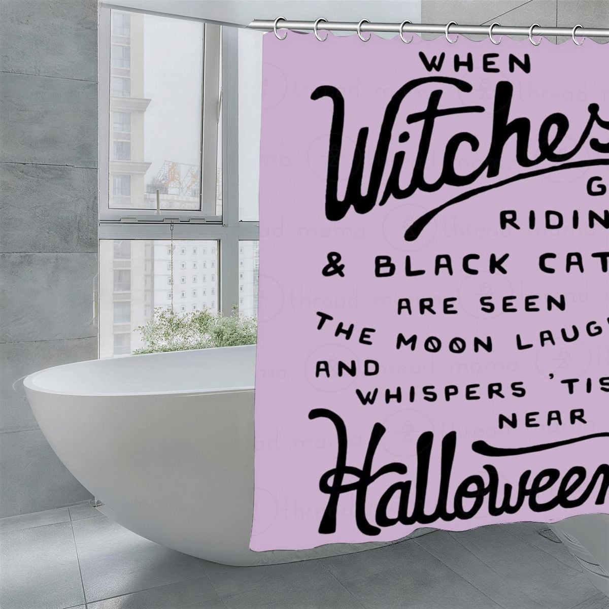 Lavender Halloween shower curtain with black witch and black cat typography.