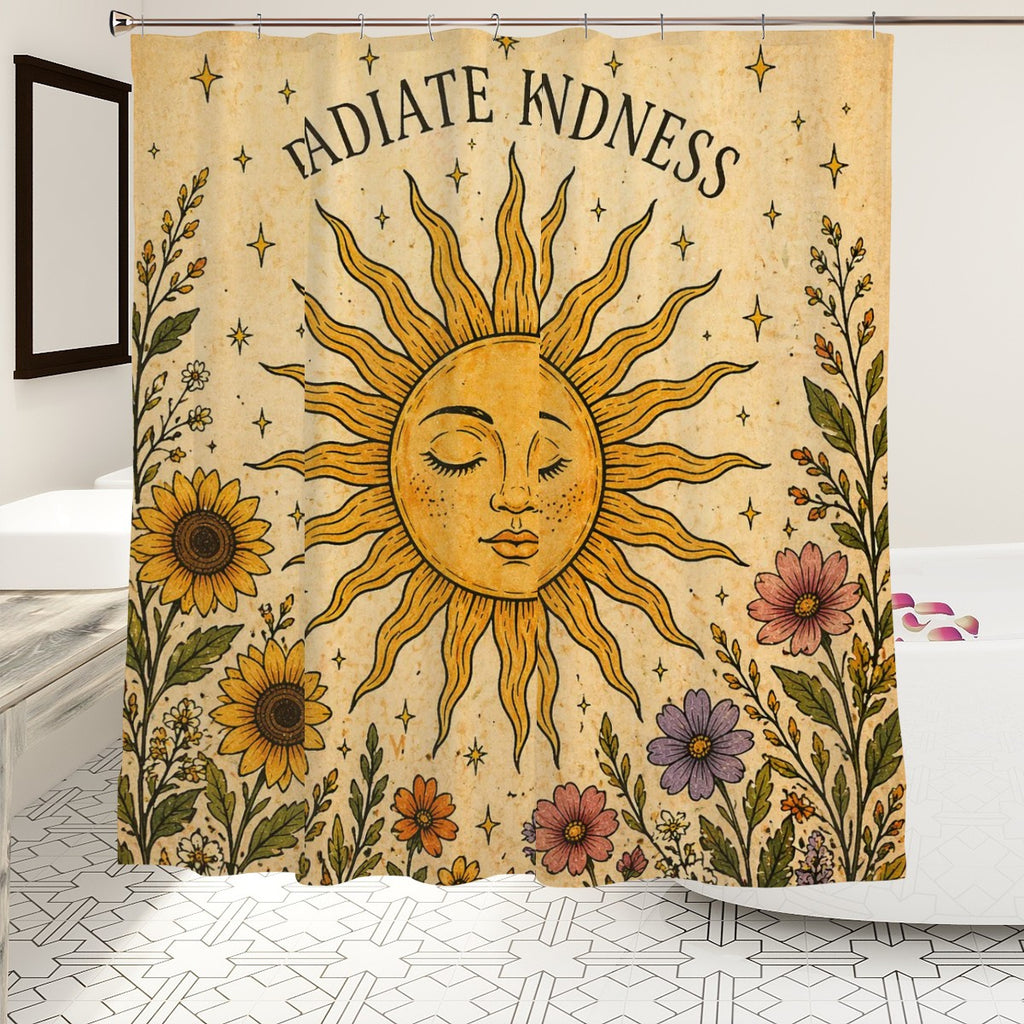 Sandy Beach bathroom decor shower curtain with a beach scene, featuring ocean waves and sandy shoreline.