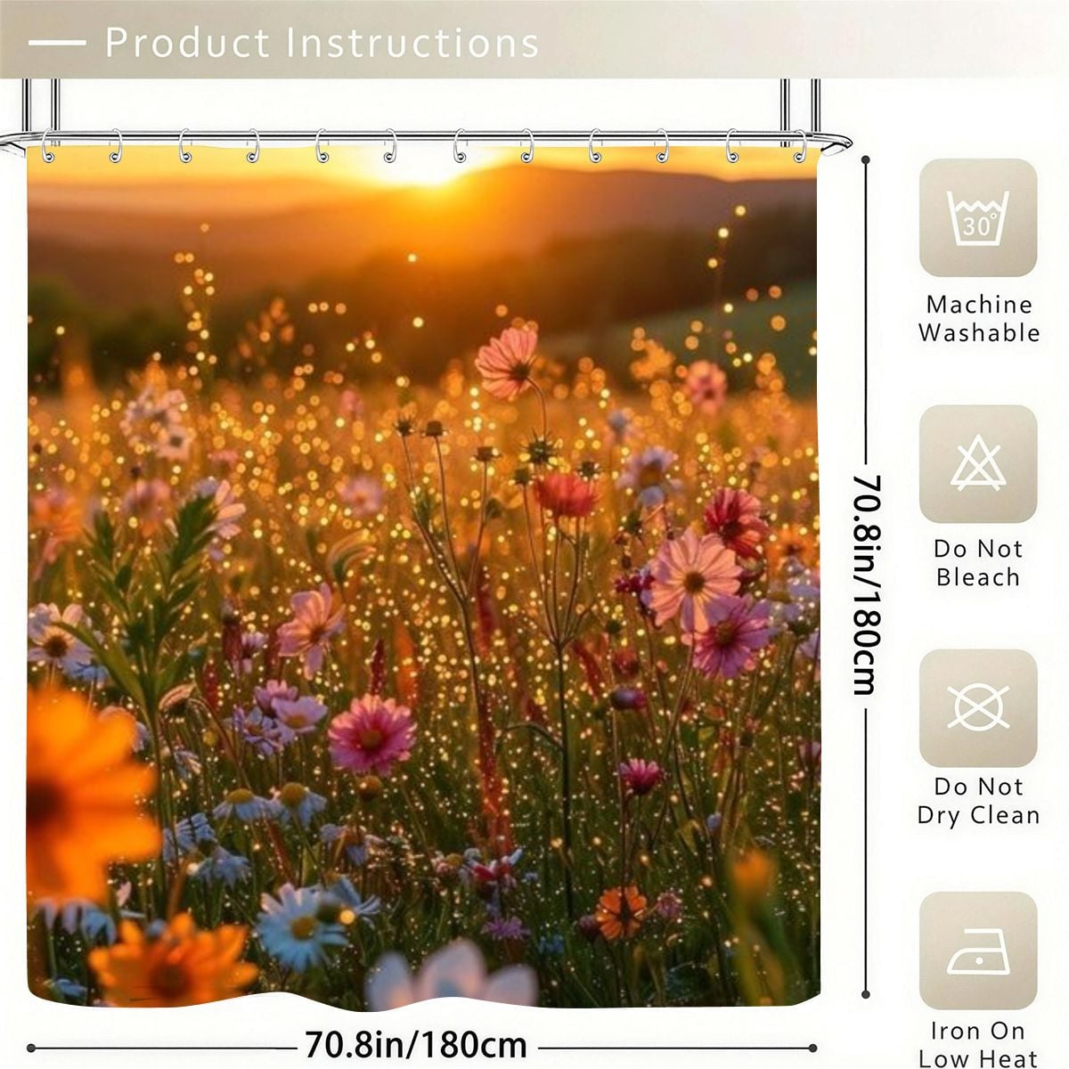 Floral meadow sunset shower curtain with colorful wildflowers and golden sunlight.