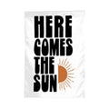 Colorful "Here Comes The Sun" garden flag by Sandy Beach featuring bright sun and floral design for outdoor garden decor.