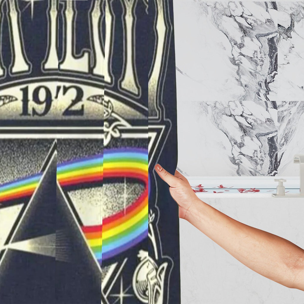 Pink Floyd Dark Side Prism shower curtain by Sandy Beach featuring vibrant rainbow design for bathroom decor.