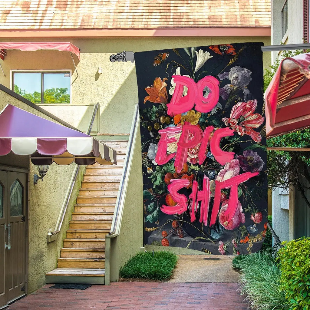 Sandy Beach Do Epic Shit garden flag with bold text, colorful design, and garden decor style, perfect for outdoor display.