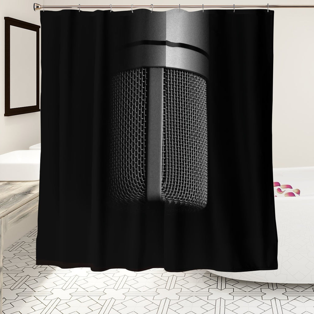 Sandy Beach studio microphone shower curtain with a detailed microphone and music-themed design for bathroom decor.