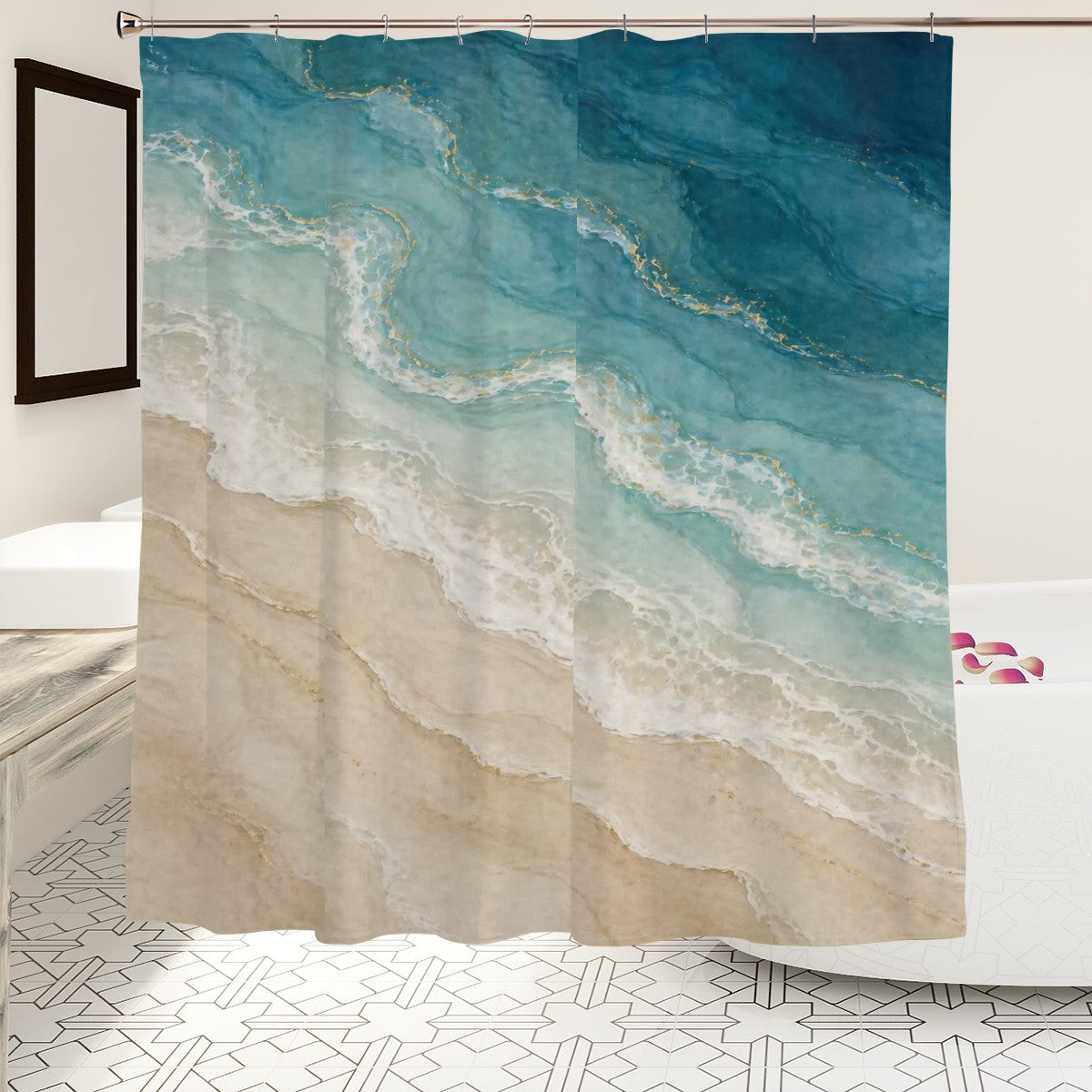 Sandy Beach bathroom decor shower curtain with ocean wave and sandy beach design hanging in a modern bathroom.