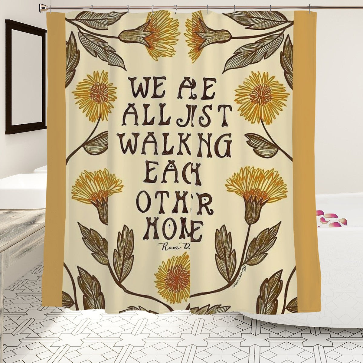 Cream shower curtain with yellow floral patterns and inspirational quote text.