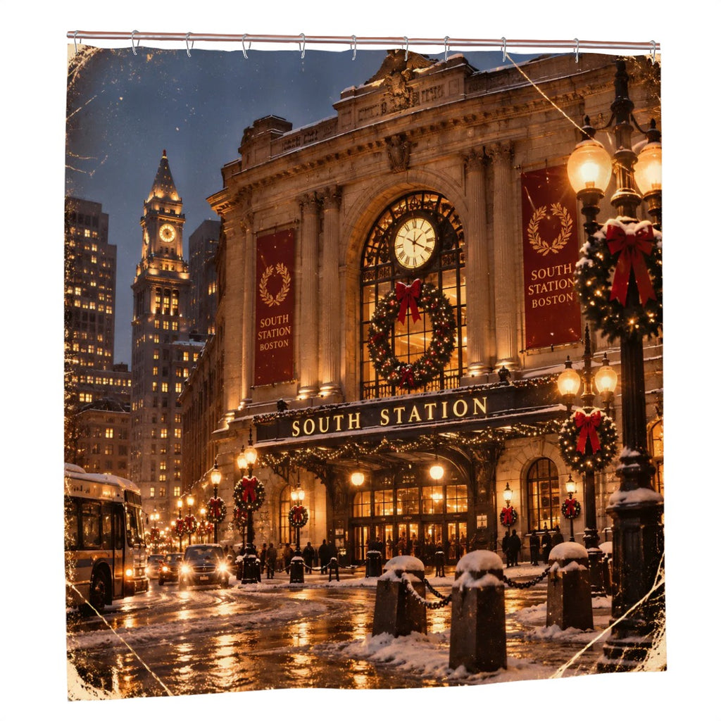 Boston South Station Christmas Shower Curtain | Winter Holiday Scene