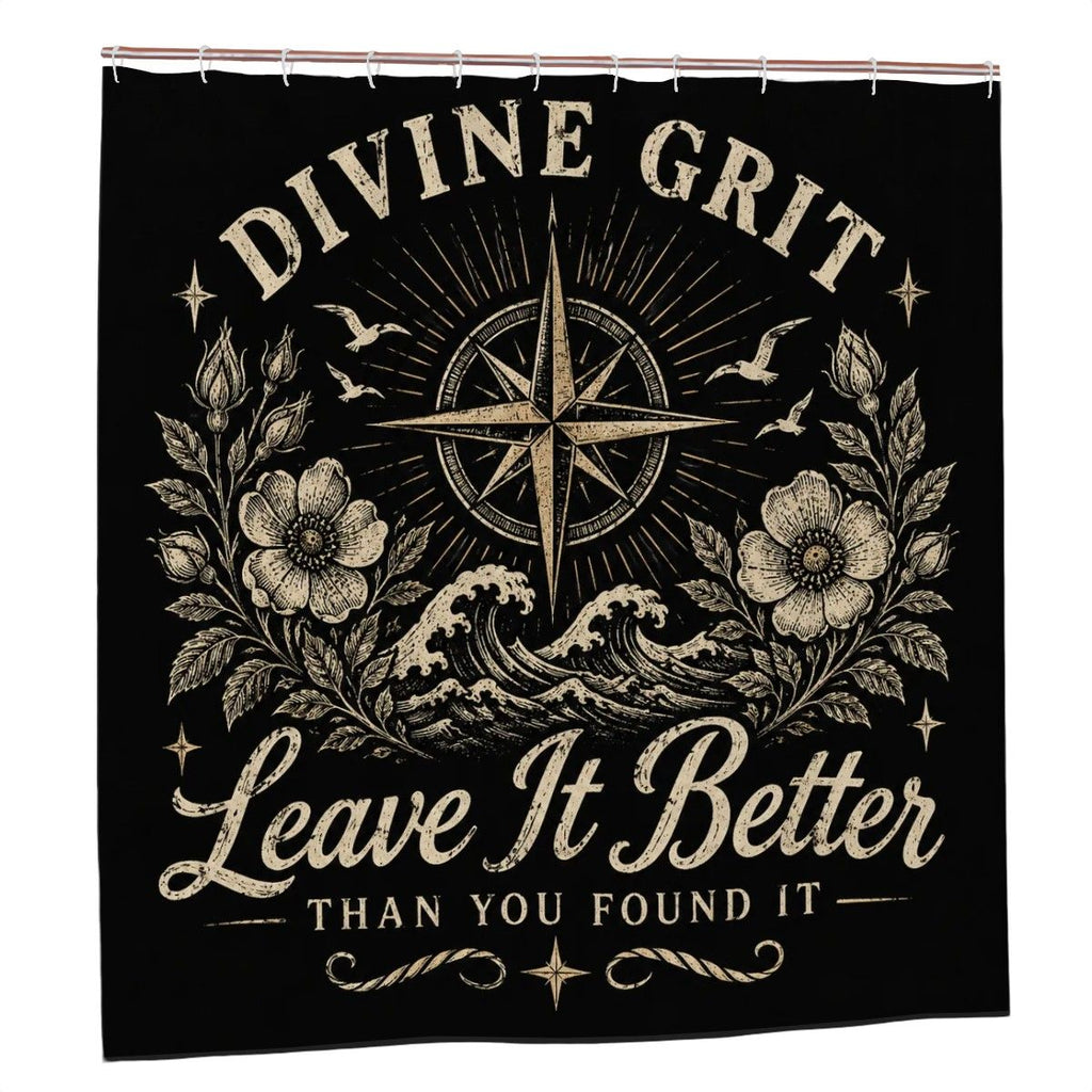 Black shower curtain with vintage compass, waves, and floral design reading Divine Grit Leave It Better