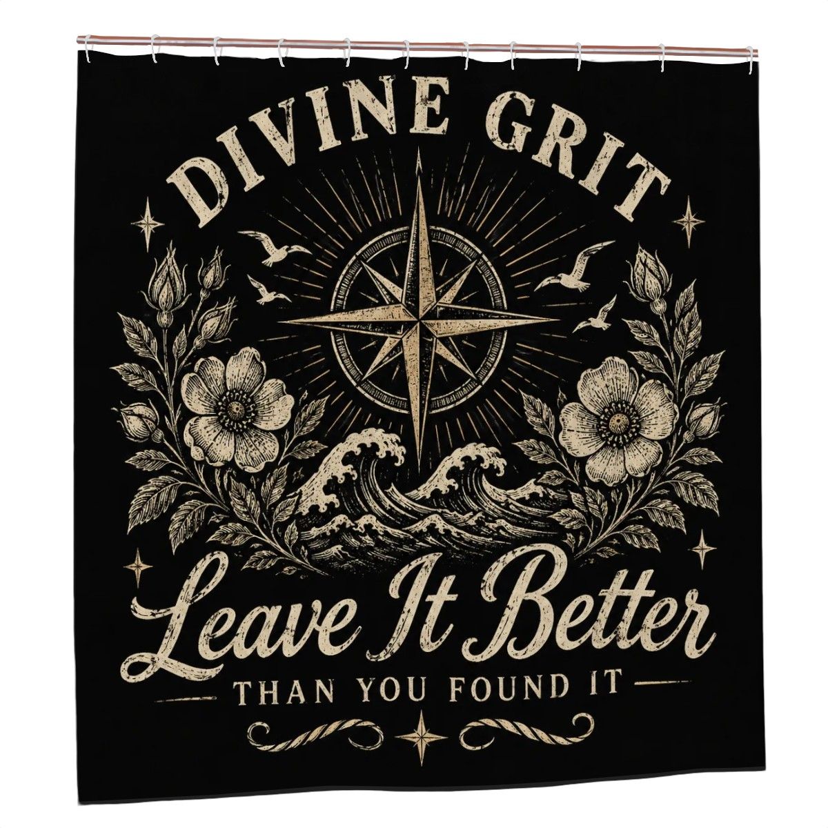 Black shower curtain with vintage compass, waves, and floral design reading Divine Grit Leave It Better