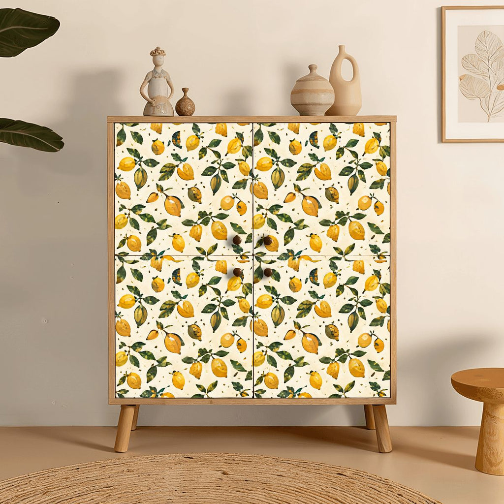 Wooden cabinet with yellow lemon and green leaf pattern on doors
