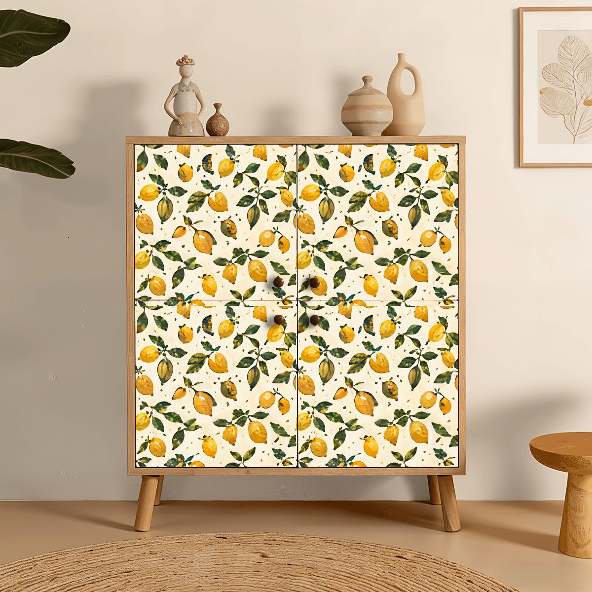 Wooden cabinet with yellow lemon and green leaf pattern on doors