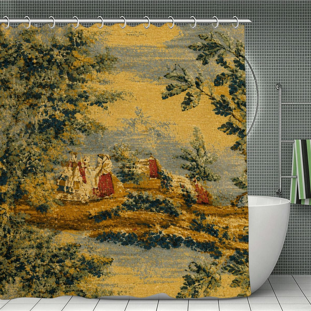 Vintage style landscape shower curtain with pastoral scene and forest trees.