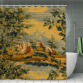 Vintage style landscape shower curtain with pastoral scene and forest trees.