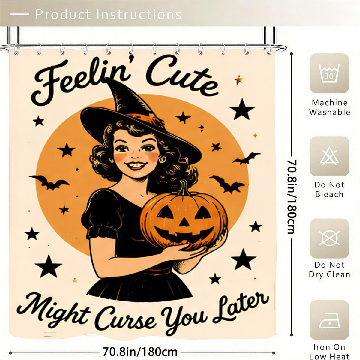 Halloween shower curtain featuring a cute witch holding a jack-o'-lantern with spooky text.
