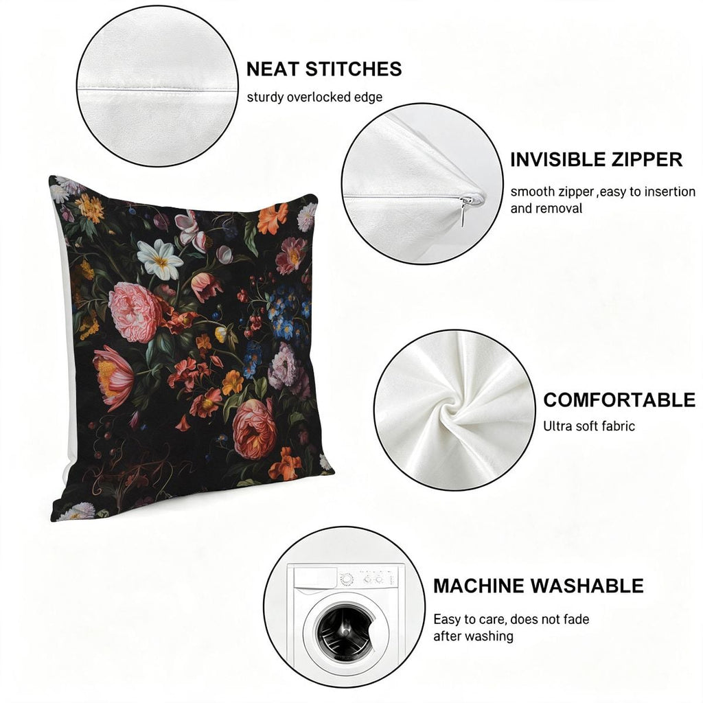 Floral print decorative throw pillow with invisible zipper and soft fabric details.