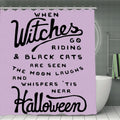 Lavender Halloween shower curtain with spooky witch and black cat typography.