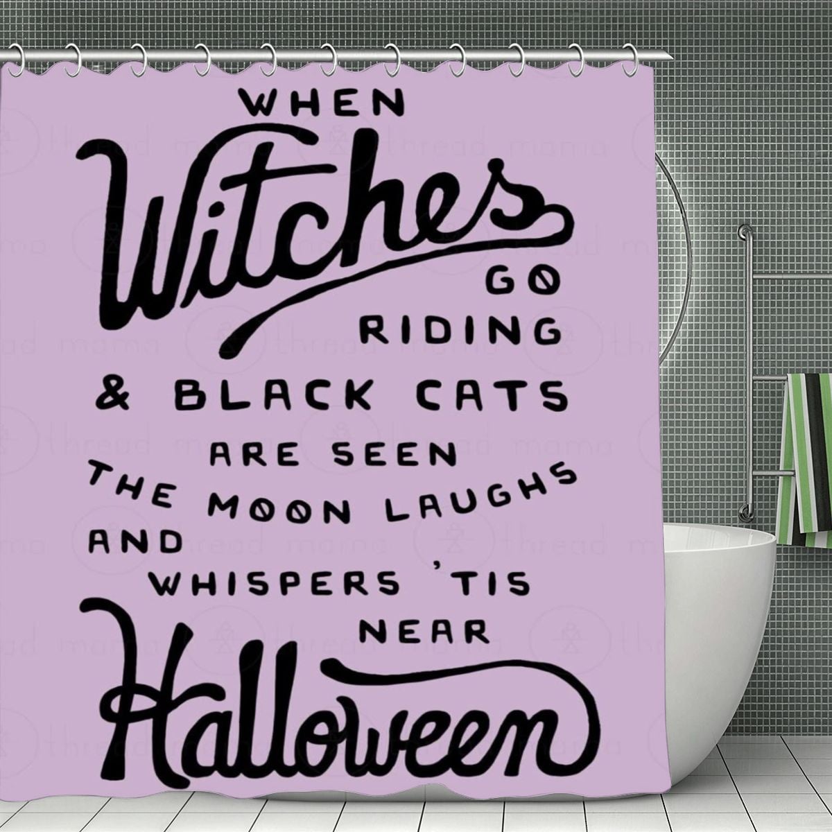 Lavender Halloween shower curtain with spooky witch and black cat typography.
