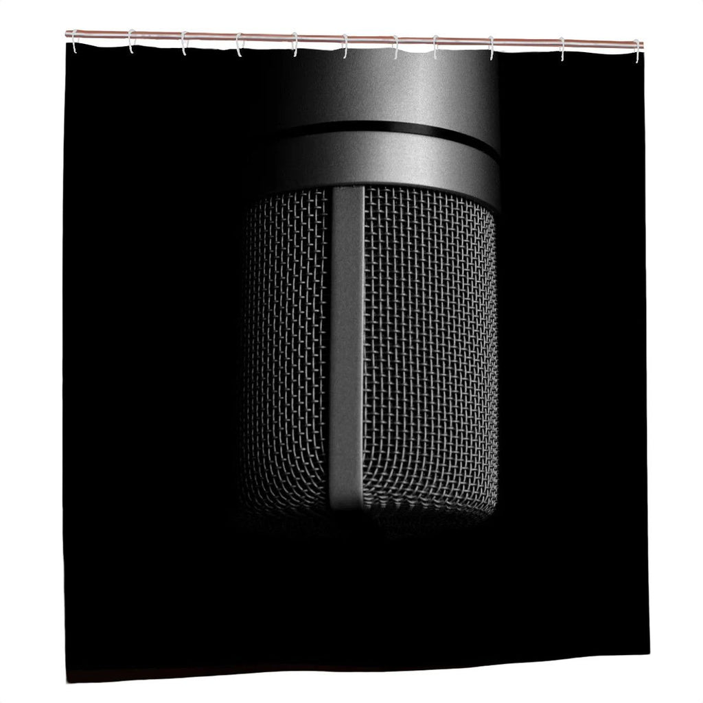 Sandy Beach studio microphone shower curtain with printed microphone design for bathroom decor, waterproof fabric, and vibrant print.