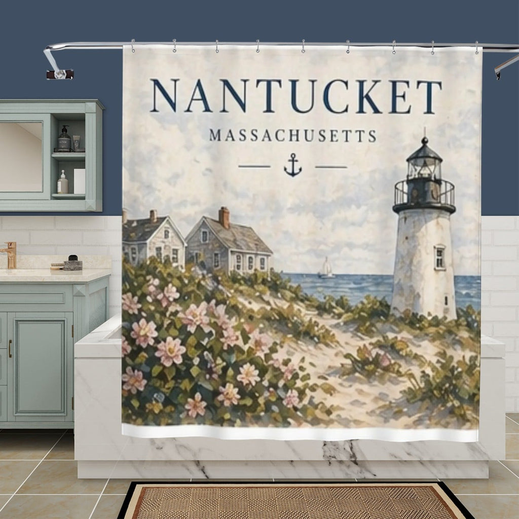 Sandy Beach shower curtain with coastal beach scene, waterproof bathroom decor, hanging on a metal rod in a modern bathroom setting.