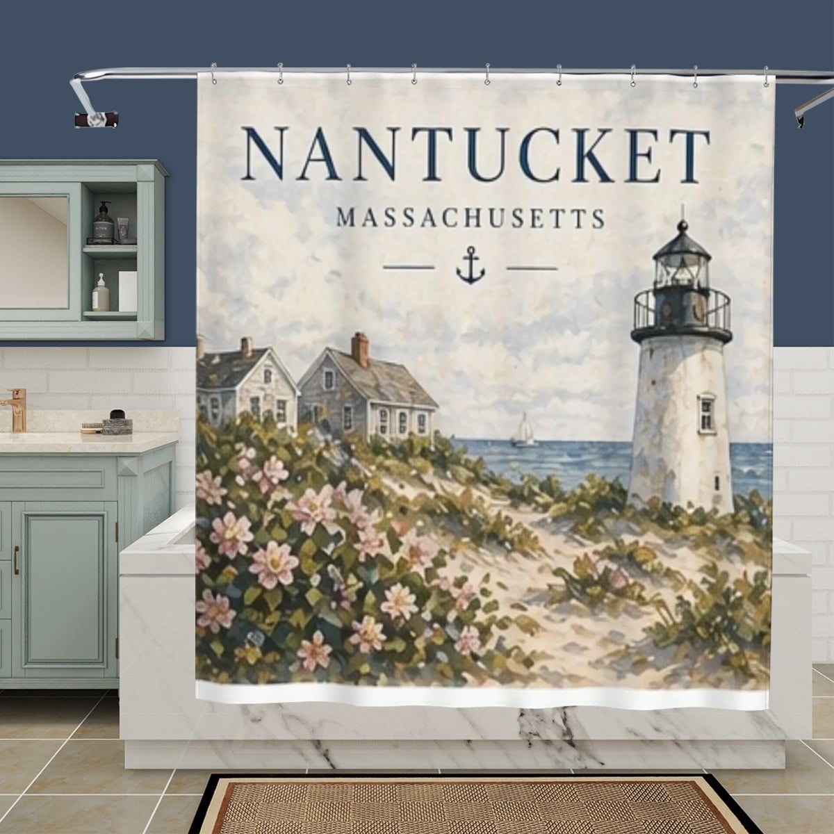 Sandy Beach shower curtain with coastal beach scene, waterproof bathroom decor, hanging on a metal rod in a modern bathroom setting.