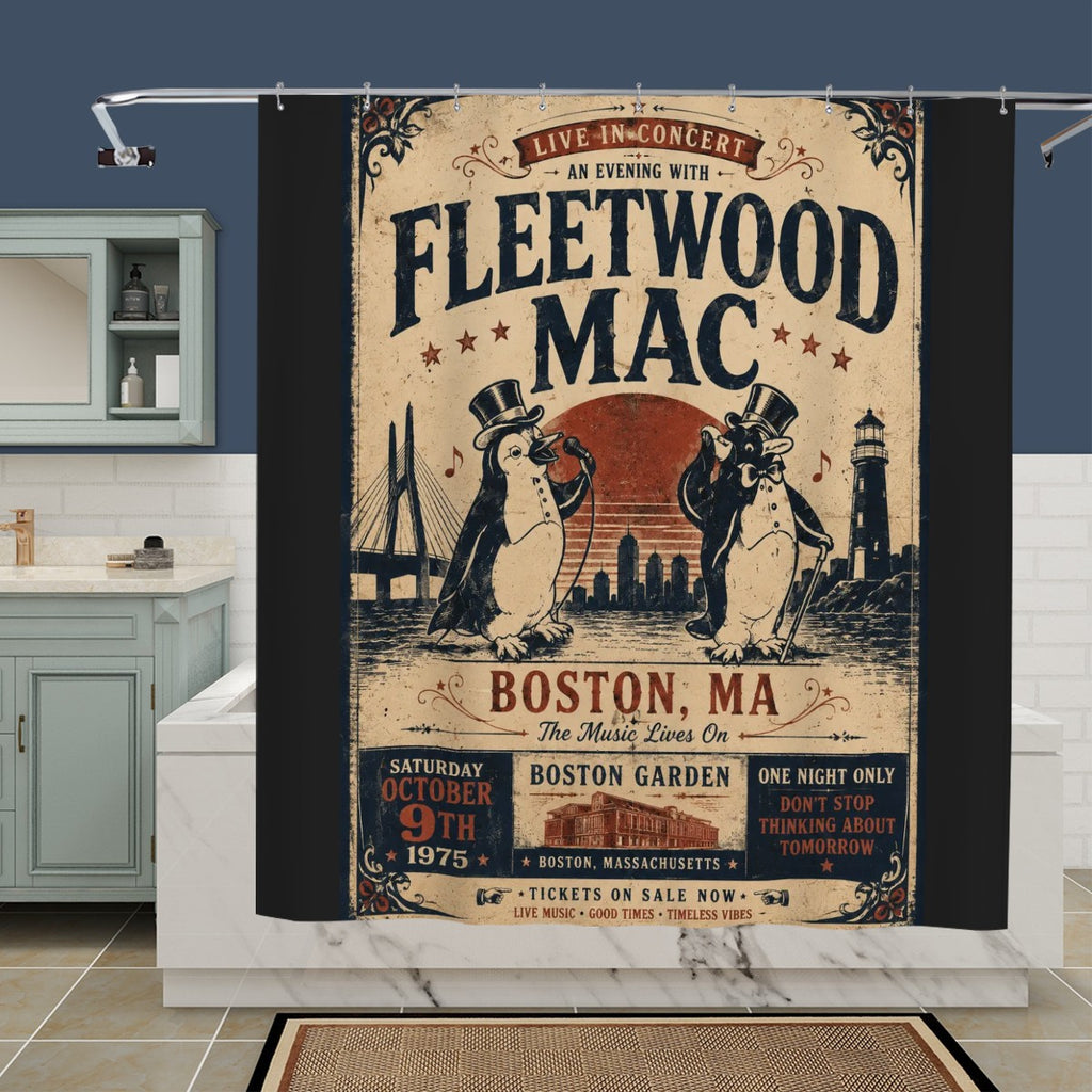 Vintage Fleetwood Mac concert poster shower curtain featuring penguins in Boston, MA.