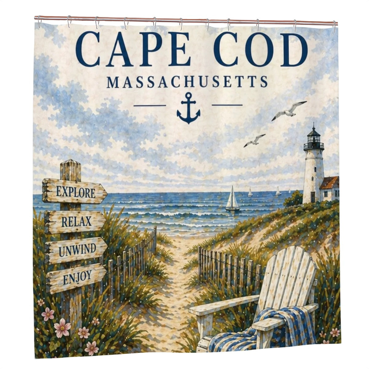 Cape Cod Shower Curtain by Sandy Beach featuring coastal lighthouse and beach path design for nautical bathroom decor.