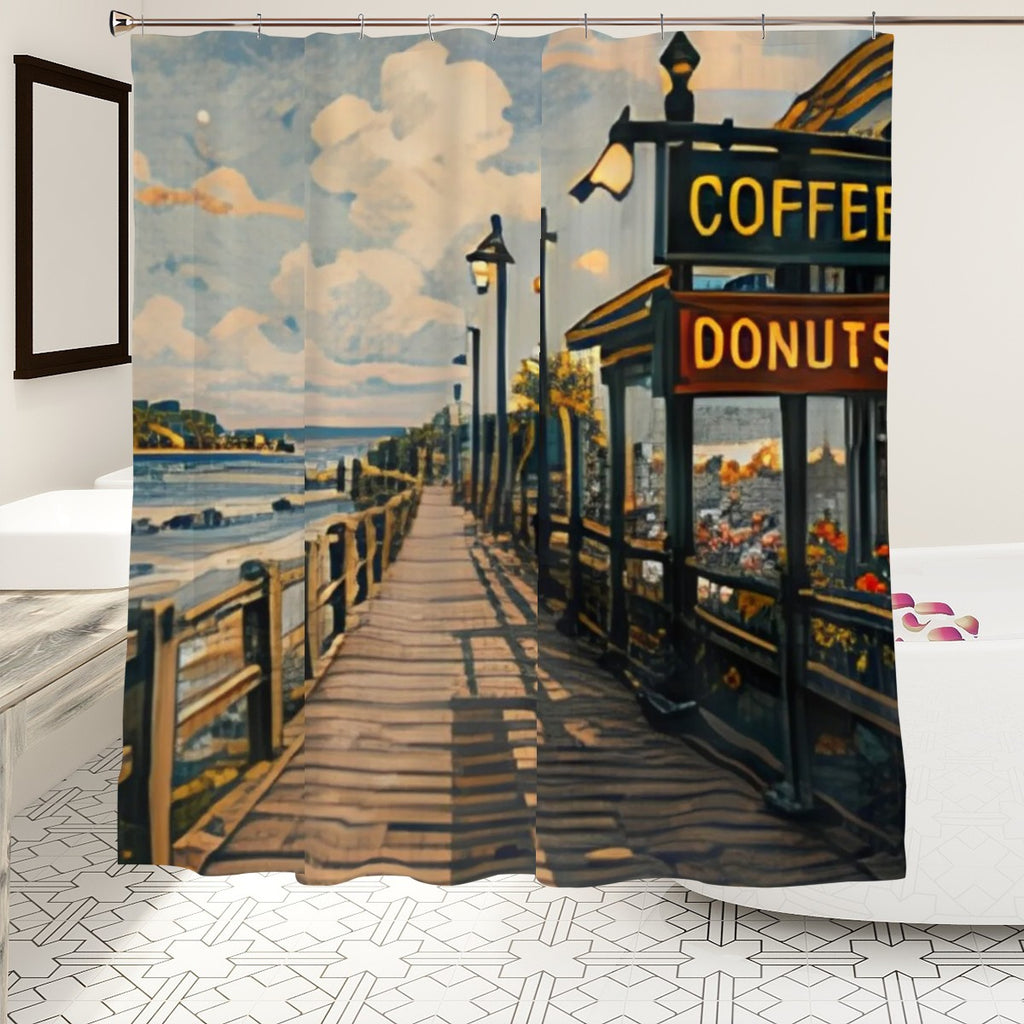 Shower curtain featuring a coastal boardwalk scene with a coffee and donuts shop.