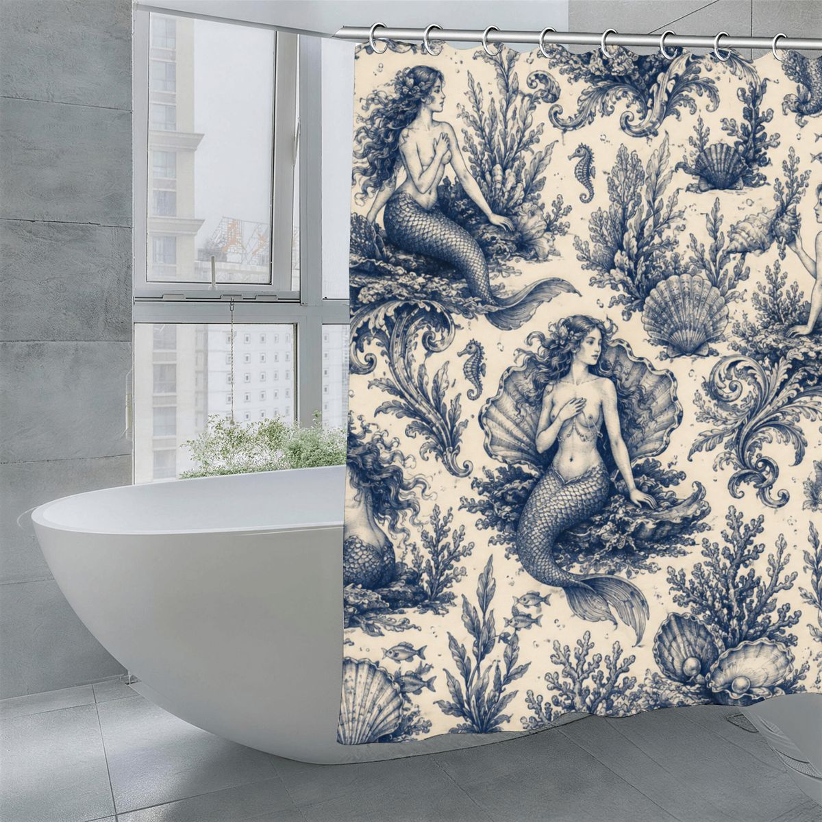 Vintage blue mermaid and seashell pattern shower curtain in a modern bathroom.